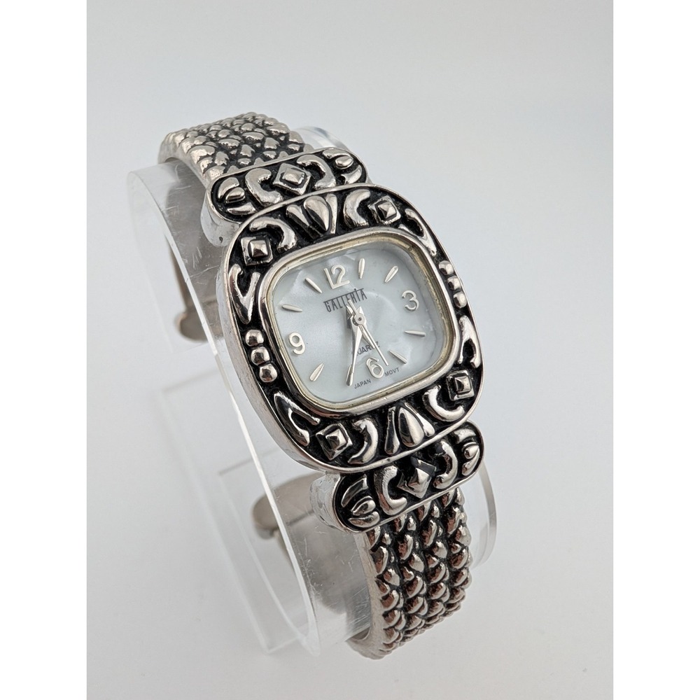 Galleria Watch Women 24mm Case‎ Pearl Dial Silver Hinge Bangle Band- New Battery